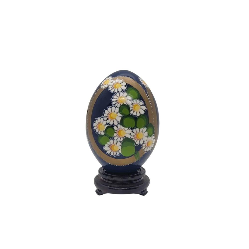 Kalisz Poland Hand Painted Wooden Egg Folk Art Daisy Floral Navy Blue with Stand